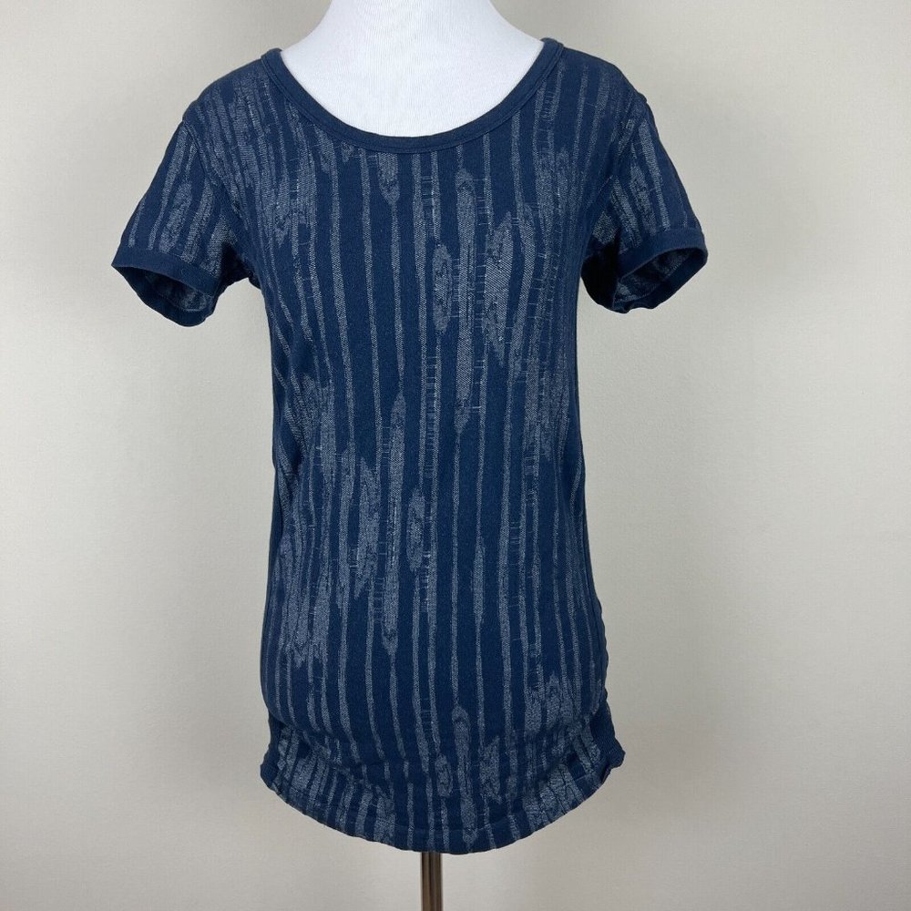 Athleta Top Tee Large Blue Ikat Pure Organic Cotton Blend Ruched Seamless Womens